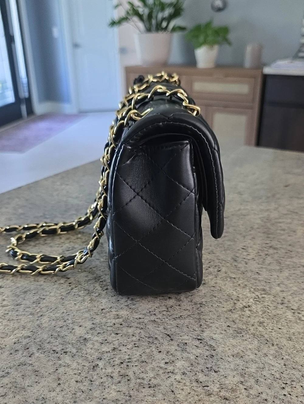 Classic Quilted Black Faux Leather Shoulder Bag with Gold Chain